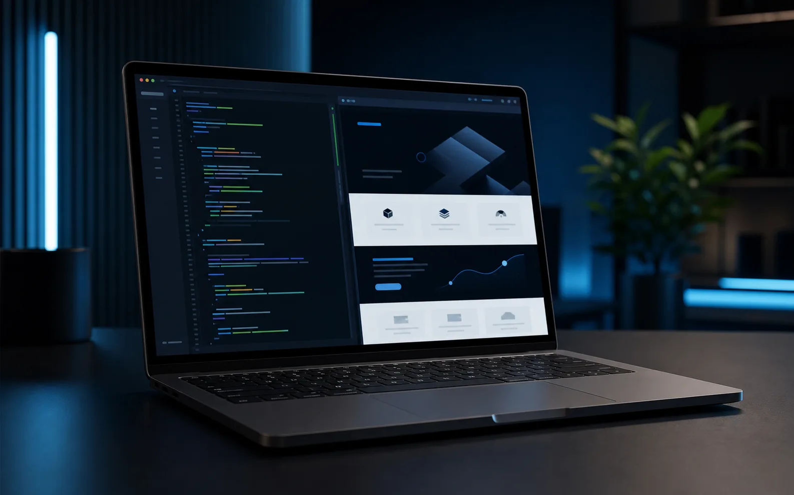 Laptop ekranında web arayüzü ve kod editörü