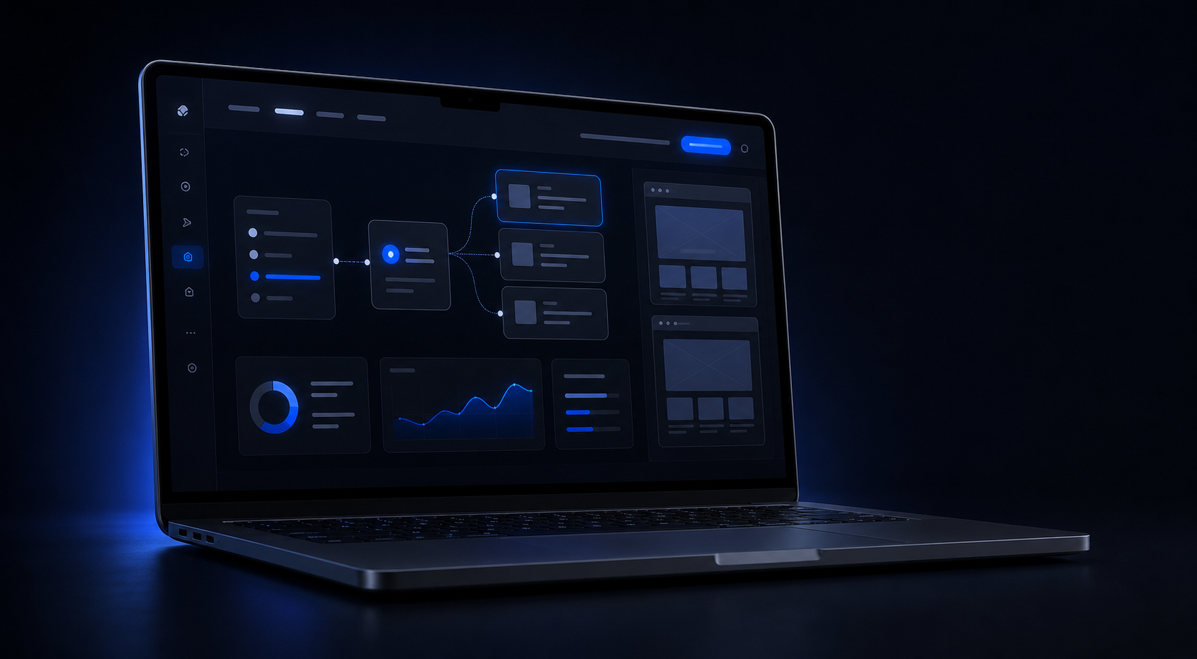 Dijital strateji ve akış planı dashboardu gösteren laptop mockup