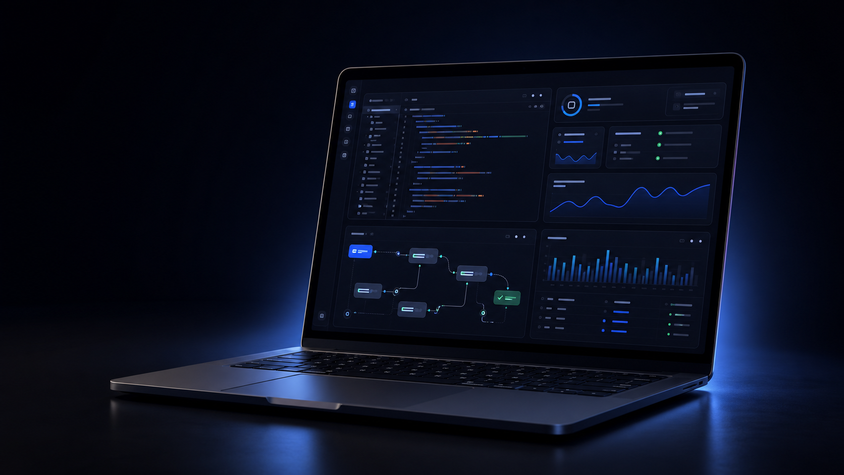 Üretim, ölçüm ve otomasyon dashboardu gösteren laptop mockup